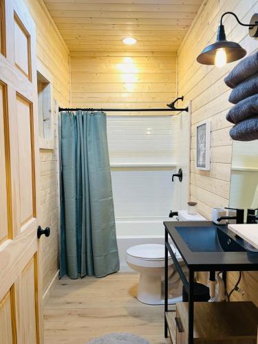 ein Badezimmer mit Toilette, Dusche und Waschbecken in der Unterkunft Camp Carter Nordic House in Mathias