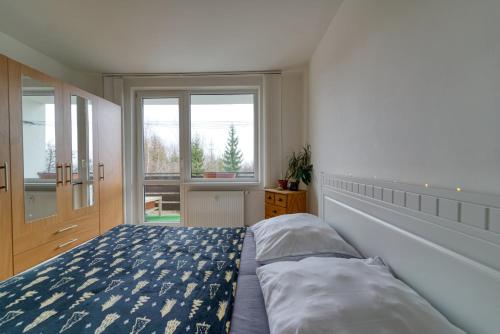 um quarto com uma cama e uma janela grande em Apartmán Horný Smokovec em Vysoké Tatry