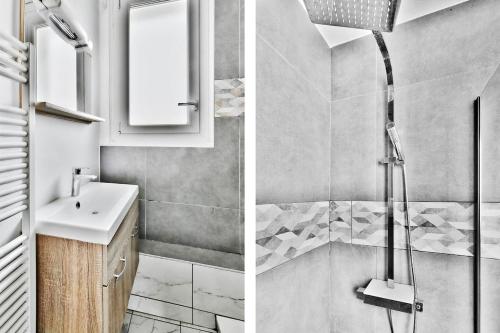 ピエール・ベニットにあるAppartement de charme, proche de toutes commoniditésのシャワーと洗面台付きのバスルーム