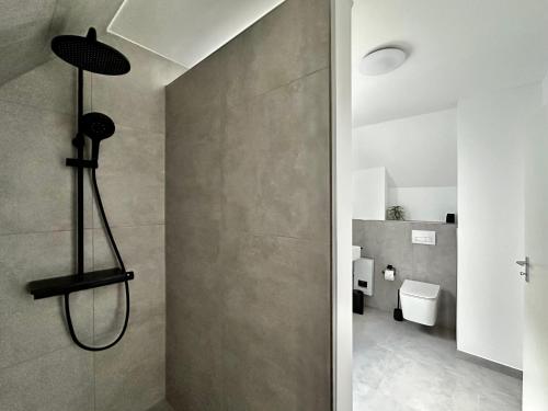 een badkamer met douche en toilet bij Altstadt Apartment Chalet in Haltern