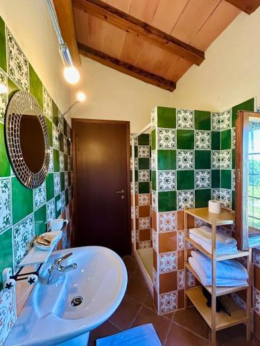 a bathroom with a sink and green and white tiles at Agribirrificio Corte Petacchi in Volta Mantovana