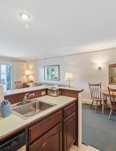 a kitchen with a sink and a living room at 109 Water Street Inn in Boyne City