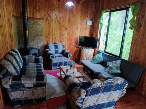 een woonkamer met twee banken en een tv bij Cabañas Mis Nietos in Licán Ray