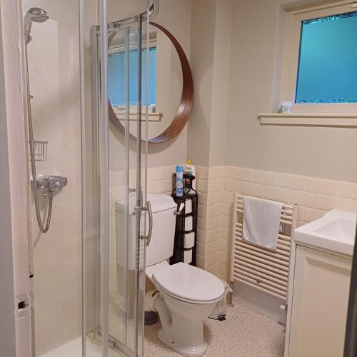 a bathroom with a toilet and a shower at Dunslair View Appartment in Peebles