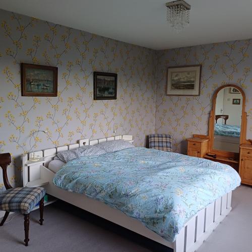 a bedroom with a large bed and a mirror at Dunslair View Appartment in Peebles