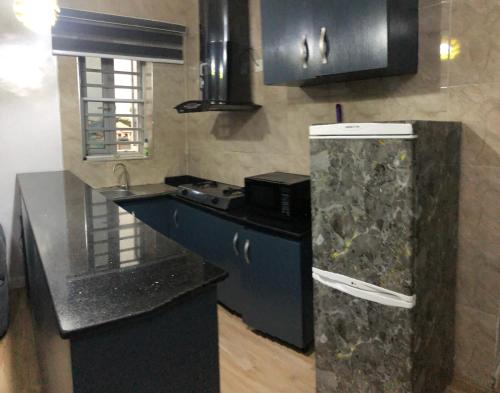 een keuken met een spoelbak en een koelkast bij Sweet Dream Apartment in Lekki