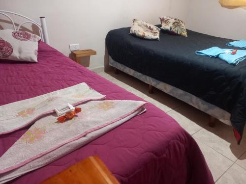 two beds in a room with purple sheets and towels at Departamentos Rimasha in Federación