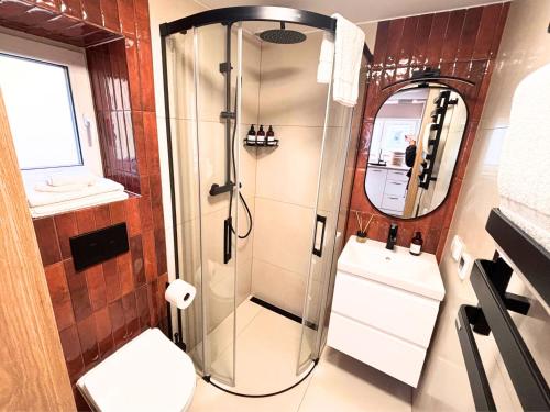a bathroom with a shower and a toilet and a sink at Domek przy czerwonym szlaku - The Red Trail Cabin in Węgierska Górka