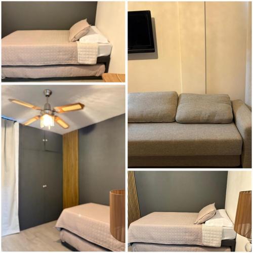 - trois photos d'une chambre avec deux lits et un canapé dans l'établissement Dpto Moya, à La Porteña