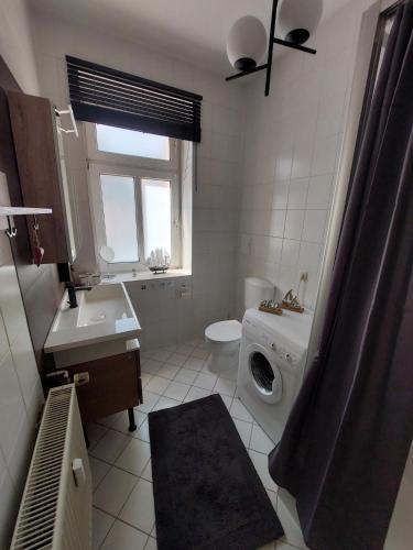 a bathroom with a washing machine and a sink at Monteurs- und Mietwohnung - Wohlfühlen am Tagesende in Eilenburg