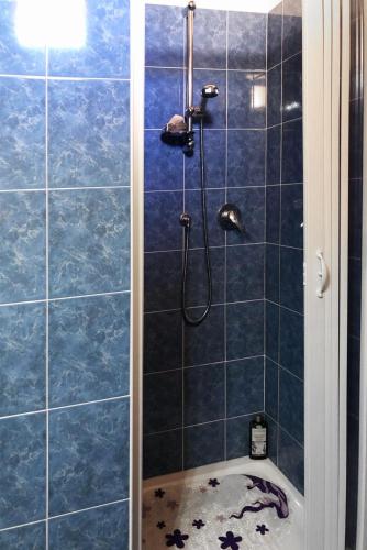 a bathroom with a shower with blue tiles at Casa relax Nasiu in Perdaxius