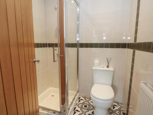 a bathroom with a toilet and a shower at 32A Bank Street in Rossendale