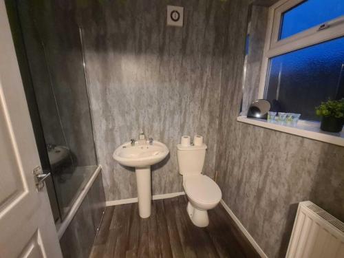 un baño con inodoro y lavabo en Two bedroom close to city, en Sunderland