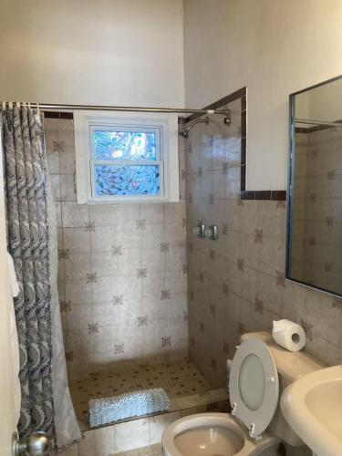 a bathroom with a shower and a toilet and a window at Queen Deluxe Double at Boundless Bliss Hotel in Raphune