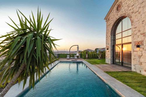 einen Pool mit einer Palme neben einem Gebäude in der Unterkunft Spectacular sea views Villa with pool in Eskiömerler