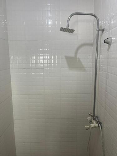 Egbeda vics guests house的浴室铺有白色瓷砖,设有淋浴。