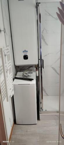 una nevera blanca con microondas encima en Location T2 30m2 superdévoluy, en Le Dévoluy