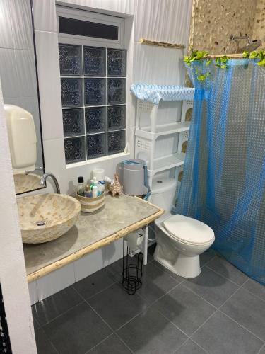 a bathroom with a toilet and a sink and a shower at Finca El Cural in Sasaima