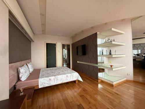 een slaapkamer met een bed en een televisie. bij Мост сити АПП 138 ЛЮКС in Dnipro