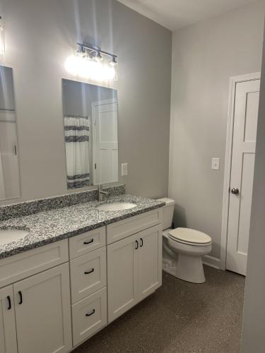 a bathroom with a toilet and a sink and a mirror at The Buford T Justice Suite in Lexington