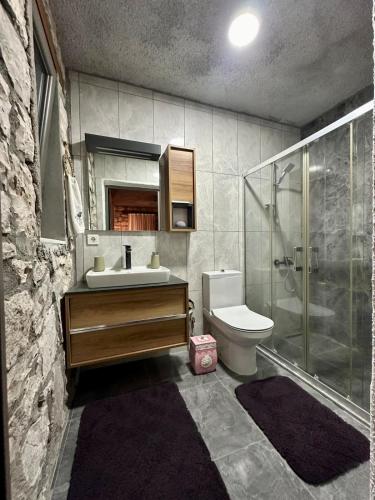 a bathroom with a sink and a shower and a toilet at Kösedere Stone Houses in Karaburun