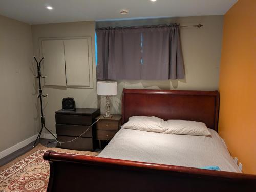 埃德蒙顿2-Room Suite in South Edmonton的一间带床、灯和窗户的卧室