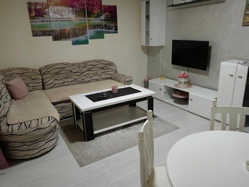 Una sala de estar con un sofá y una mesa de café. en Apartman Centar 2, en Šabac