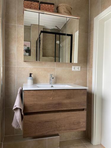 Modernes Haus mit Garten in Windberg, ruhig & zentral في مونشنغلادباخ: حمام مزود بحوض ومِرآة