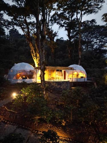 a house with two domes in a forest at night at Alma Glamping in Xalapa