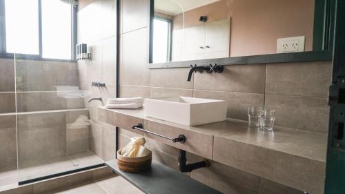 un baño con lavabo y ducha en Trento Hotel Boutique, en San Salvador de Jujuy