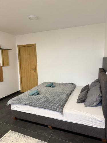 een bed met twee kussens erop in een kamer bij Apartman Rest Novi Sad in Novi Sad