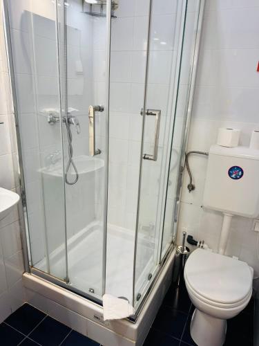 a bathroom with a shower and a toilet at Residencial Camoes in Lisbon