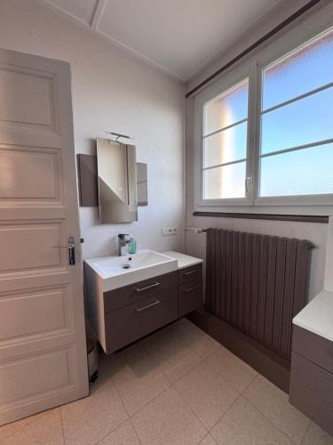 un bagno con un lavandino bianco e una finestra di Hildegarde's Friend a Brienne-le-Château