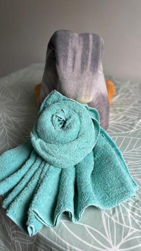 a green towel sitting on top of a bed at Residencial Filhos da Lua in Lençóis