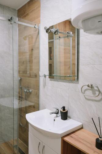 a bathroom with a sink and a shower at Time Out Studio Apartman in Divčibare