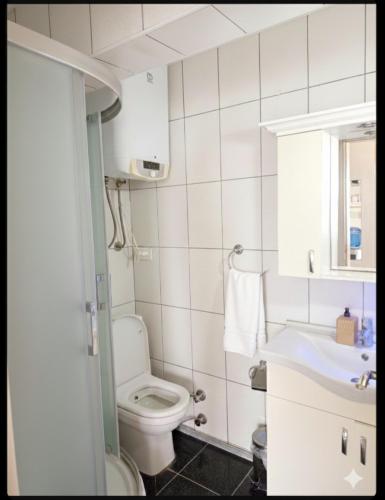 a bathroom with a toilet and a sink at AFİFE Apart, Kusadasi,Denize ve Plaja Sıfır in Kuşadası