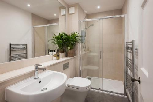 a bathroom with a sink and a toilet and a shower at Chic Georgian Escape near Royal Crescent in Bath