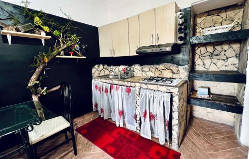 een keuken met een fornuis en een aanrechtblad bij Gli occhi del vulcano in Linera