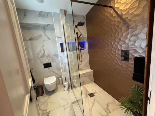 un bagno con doccia e WC di Castle Yard Cottage a Knaresborough