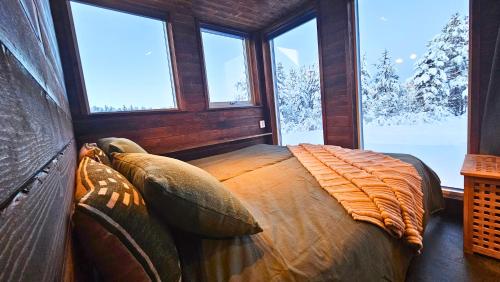 Reindeer Riverfront Aurora lodge في كيرونا: غرفة نوم بها سرير في غرفة بها نوافذ