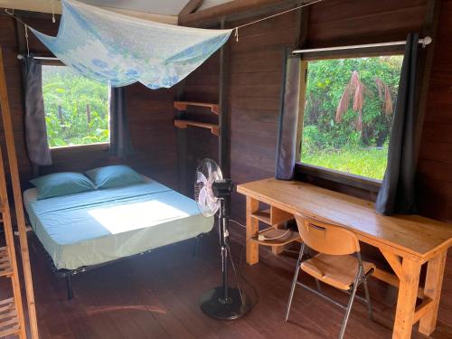 a bedroom with a bed and a desk and a window at lakazatypique in Saint-Laurent du Maroni