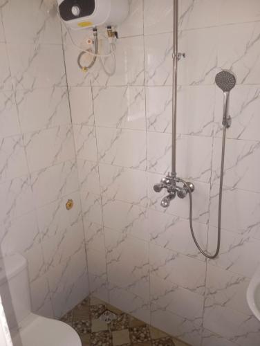a bathroom with a shower with a toilet and a sink at Luxury 3 Bedroom Duplex at Thinkers Corner in Enugu