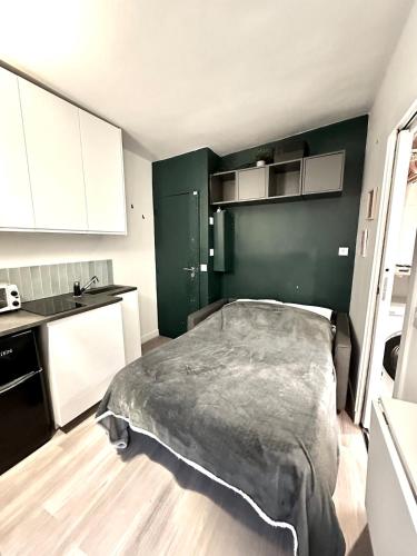 een slaapkamer met een bed en een groene muur bij Charming Studio - Trail in La Celle-sous-Gouzon