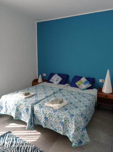a bedroom with a bed with a blue wall at B&B Leo in Aviatico