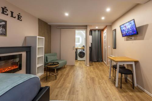 ein Zimmer mit einem Bett, einem Tisch und einem Kamin in der Unterkunft LE CATELE - Studio RIOM - 3 pers - Vulcania - Puy de Dôme - Proche Clermont Ferrand in Riom