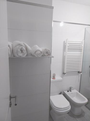 a white bathroom with a toilet and a sink at Las Pircas PB in Alta Gracia