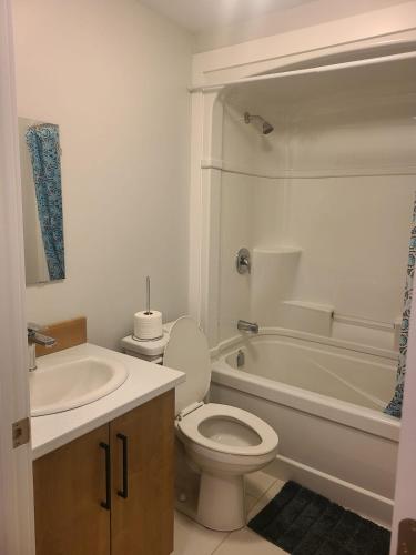 a bathroom with a toilet and a sink and a tub at Private One Bedroom Basement Apartment with Separate Entrance in Dieppe