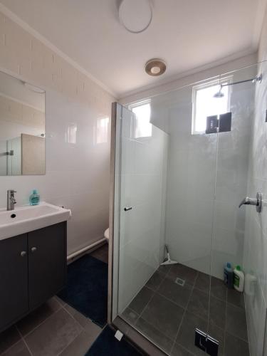 a bathroom with a shower and a sink at Adelaide Free Souls in Adelaide