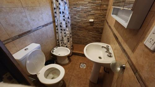 a small bathroom with a toilet and a sink at La Hueya in Coronel Moldes