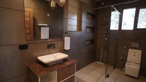 een badkamer met wastafel, douche en toilet bij Amber Moon in Dagshai